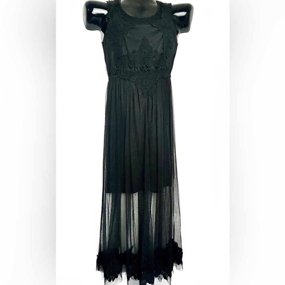 Hazel Black Maxi Dress with Lace & Sheer Overlay